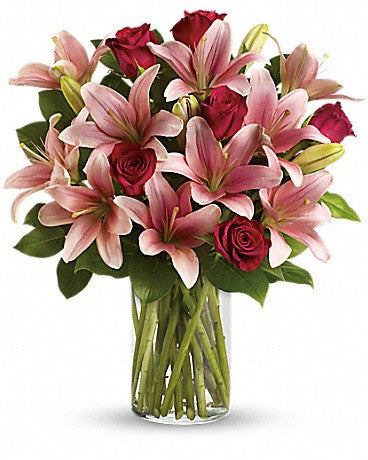 flower arrangements with lilies and roses Red Roses & Pink Lilies Arrangement – RILEY'S FLOWERS